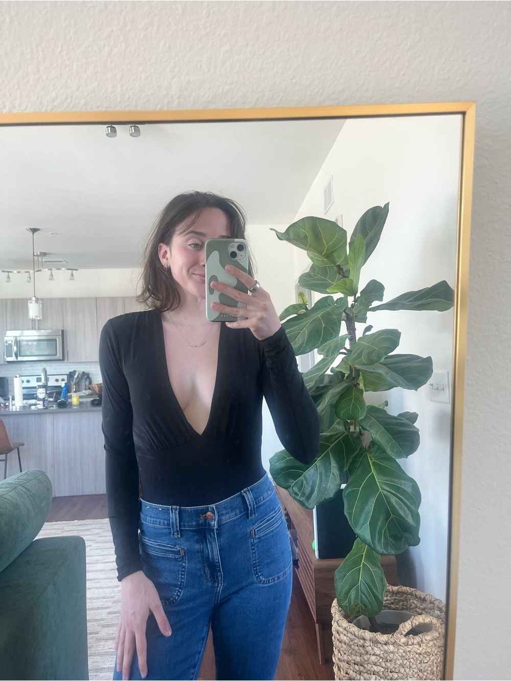 Abercrombie & Fitch Black Deep V-Neck Long Sleeve Bodysuit